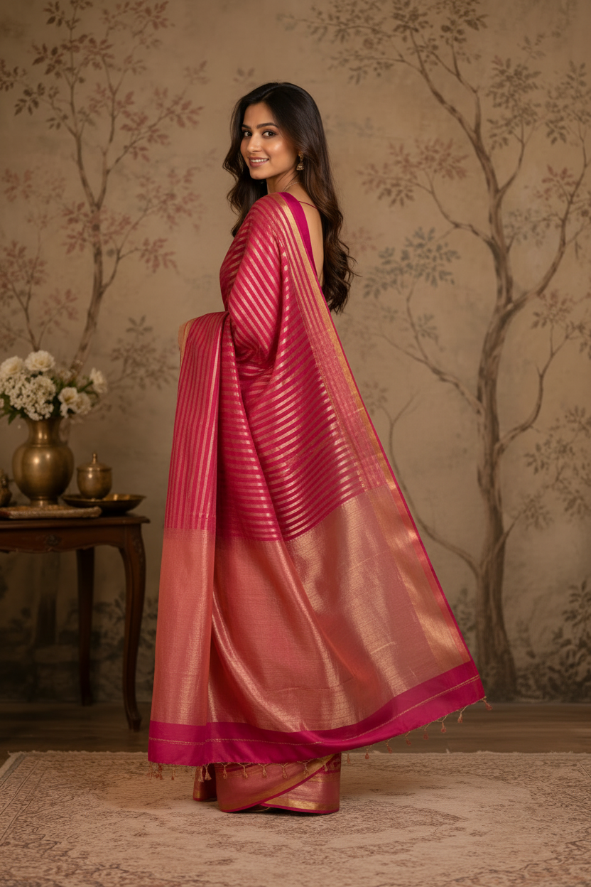 Woman in a pink saree standing in a room with decorative elements.