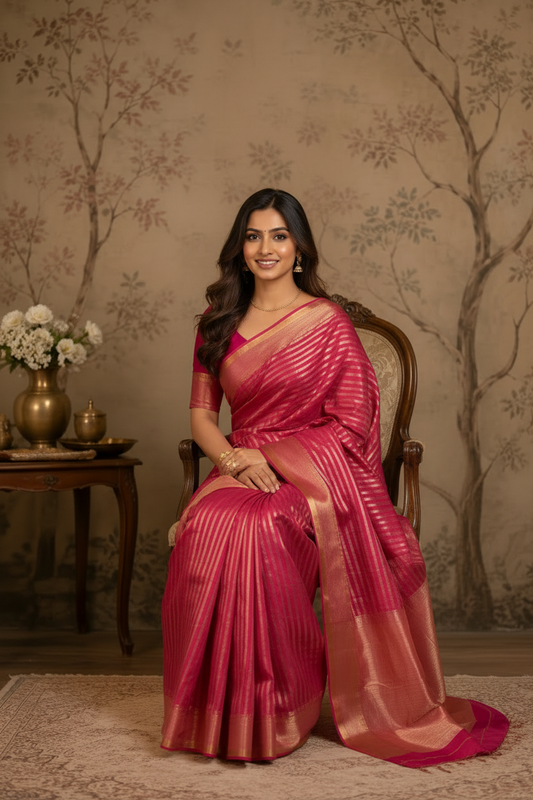 Royal Maroon Tissue Maheshwari Saree with Heritage Gold Zari Weave