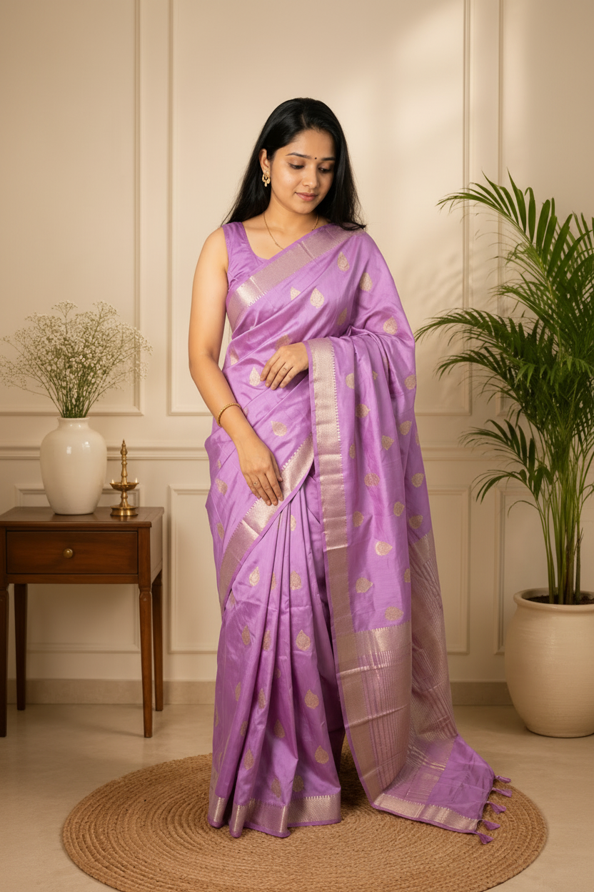 Woman wearing a purple saree with a white border in a room with plants and a side table.