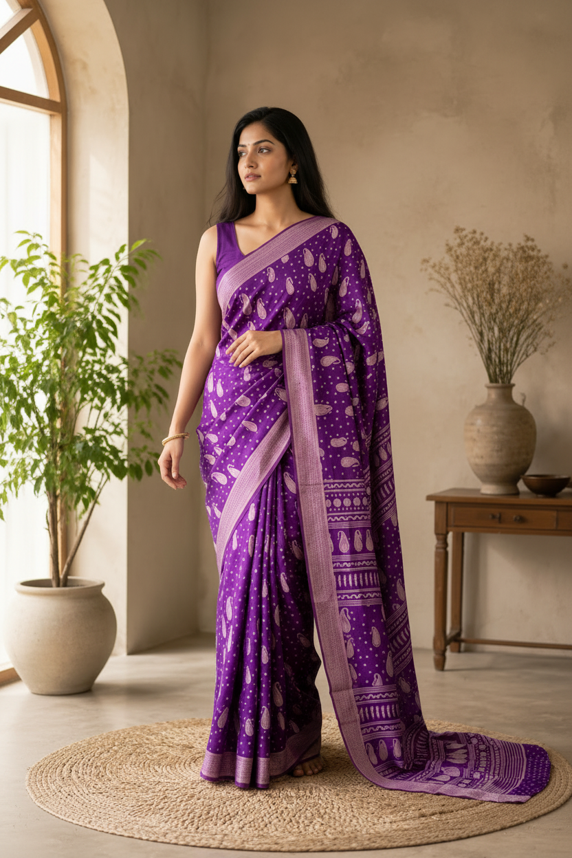 Woman in a purple saree standing in a room with a plant and table.