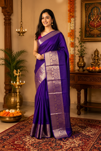 Woman in a purple saree standing in a decorated room with religious artwork.