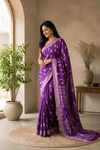 Woman wearing a purple saree with a pattern in a room with a plant and vase.