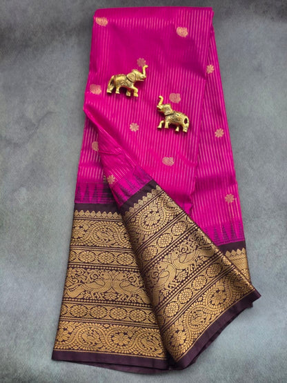 Royal Rani Pink Premium Semi Gadwal Saree with Dark Brown Border