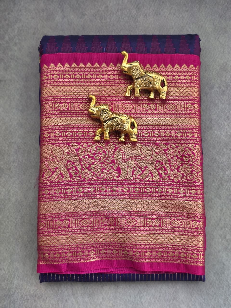 Royal Symphony Premium Semi Gadwal Saree – Navy Blue & Rani Pink