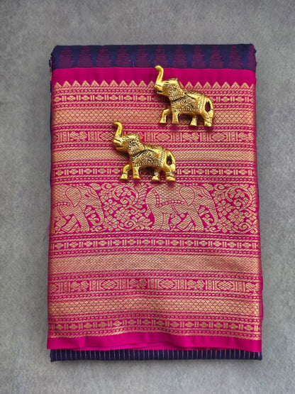 Royal Symphony Premium Semi Gadwal Saree – Navy Blue & Rani Pink