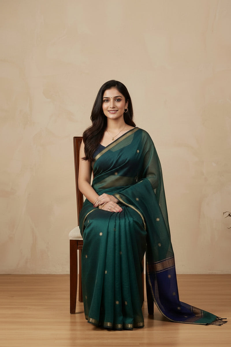 Royal Teal Maheshwari Silk Cotton Saree for Festive & Occasion Wear