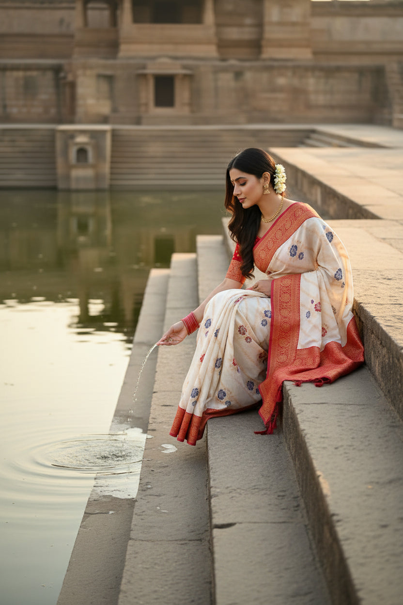 Woman in a traditional saree standing in front of an ancient temple.