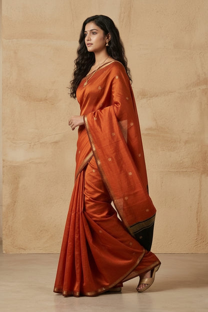 Woman wearing a traditional orange saree with a beige background