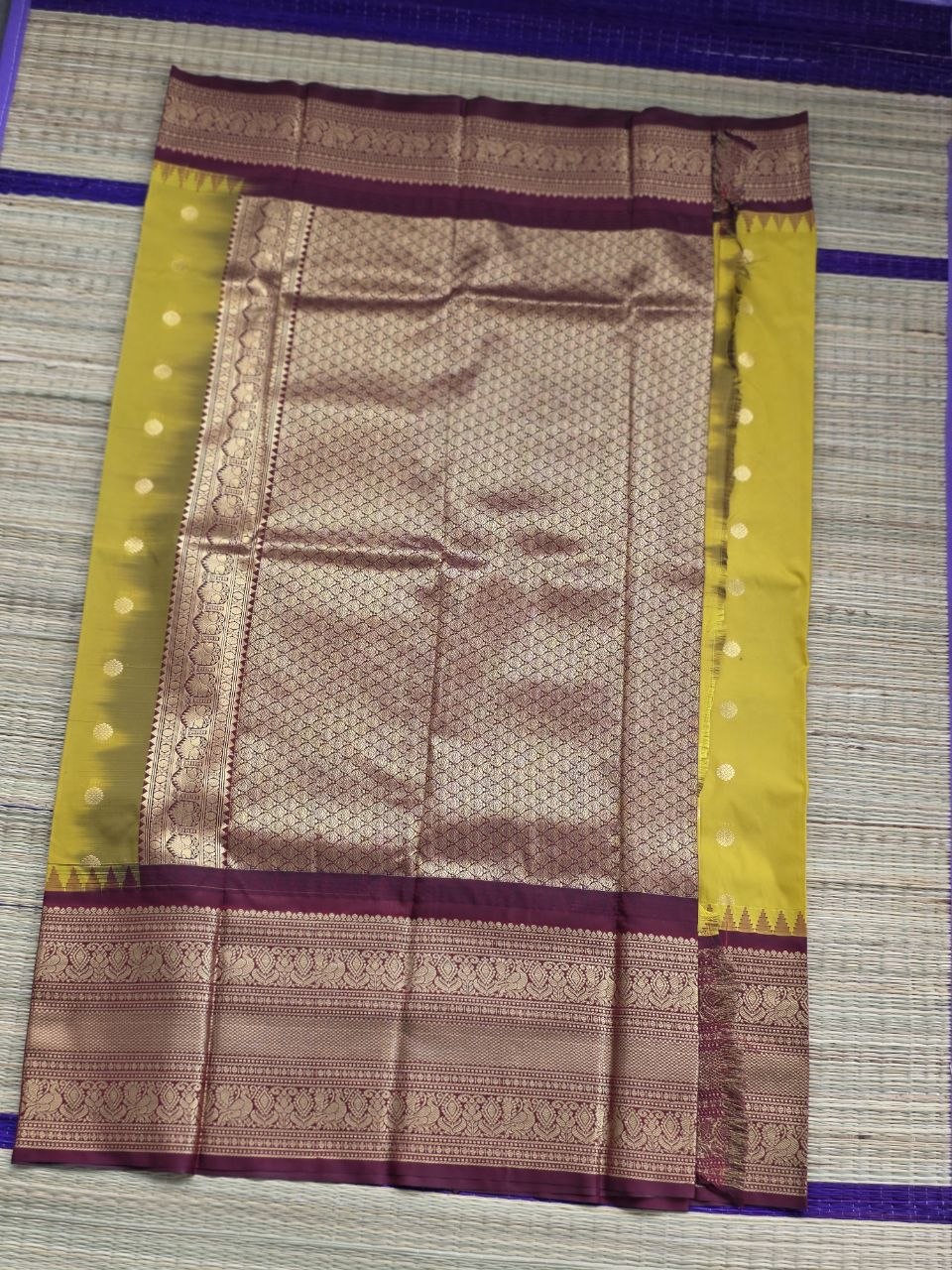 Sacred Glow Premium Semi Gadwal Saree – Yellow & Maroon