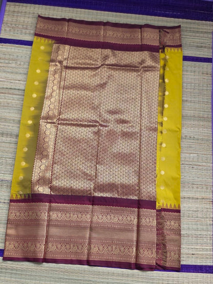 Sacred Glow Premium Semi Gadwal Saree – Yellow & Maroon