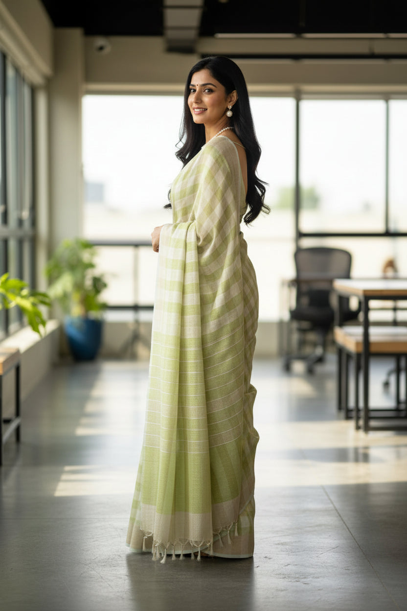 Woman in a light green saree standing in an indoor setting with large windows.