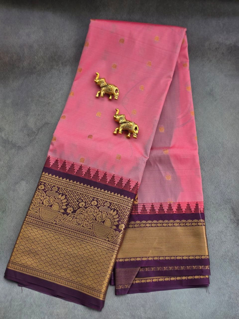 Salmon Pink Premium Semi Gadwal Saree with Deep Plum Purple Contrast