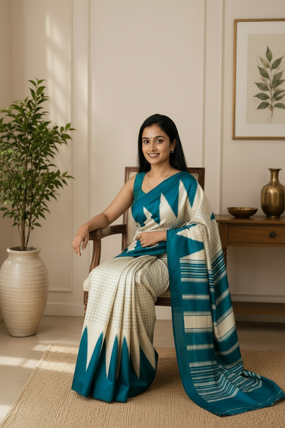 Woman in a blue and white saree sitting in a room with a plant and decorative items.