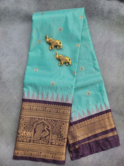 Sea Green & Chocolate Brown Premium Semi Gadwal Silk Saree