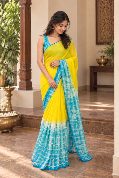 Shibori Chiffon Party Wear Saree with Foil Mirror Work & Blouse