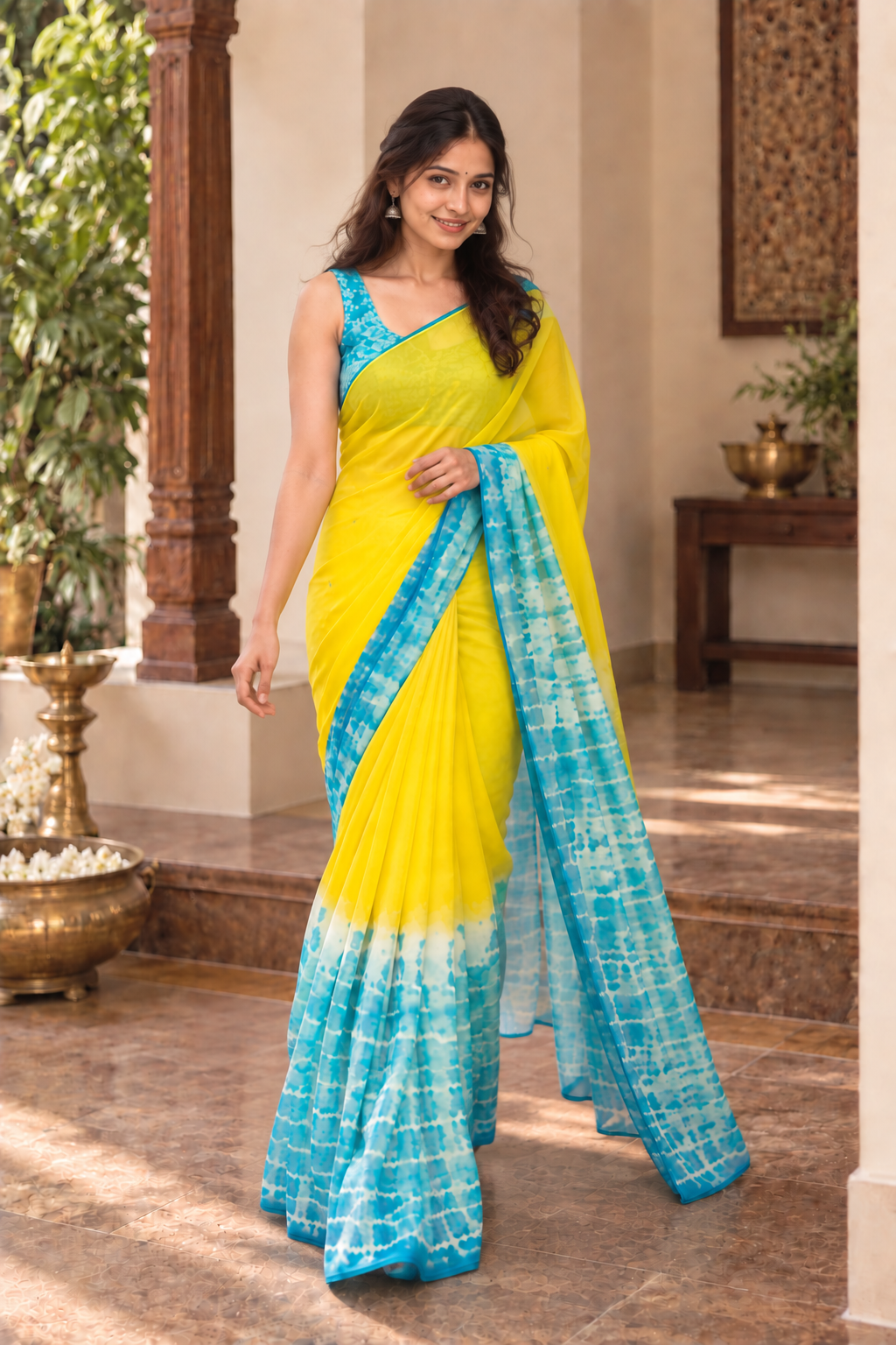 Shibori Printed Chiffon Saree with Foil Mirror Work & Blouse Piece