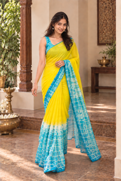Shibori Printed Chiffon Saree with Foil Mirror Work & Blouse Piece