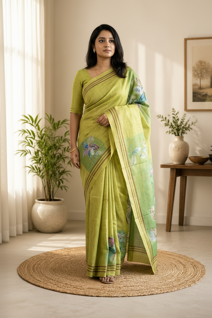 Woman in a green saree standing in a well-lit room with plants and a table.