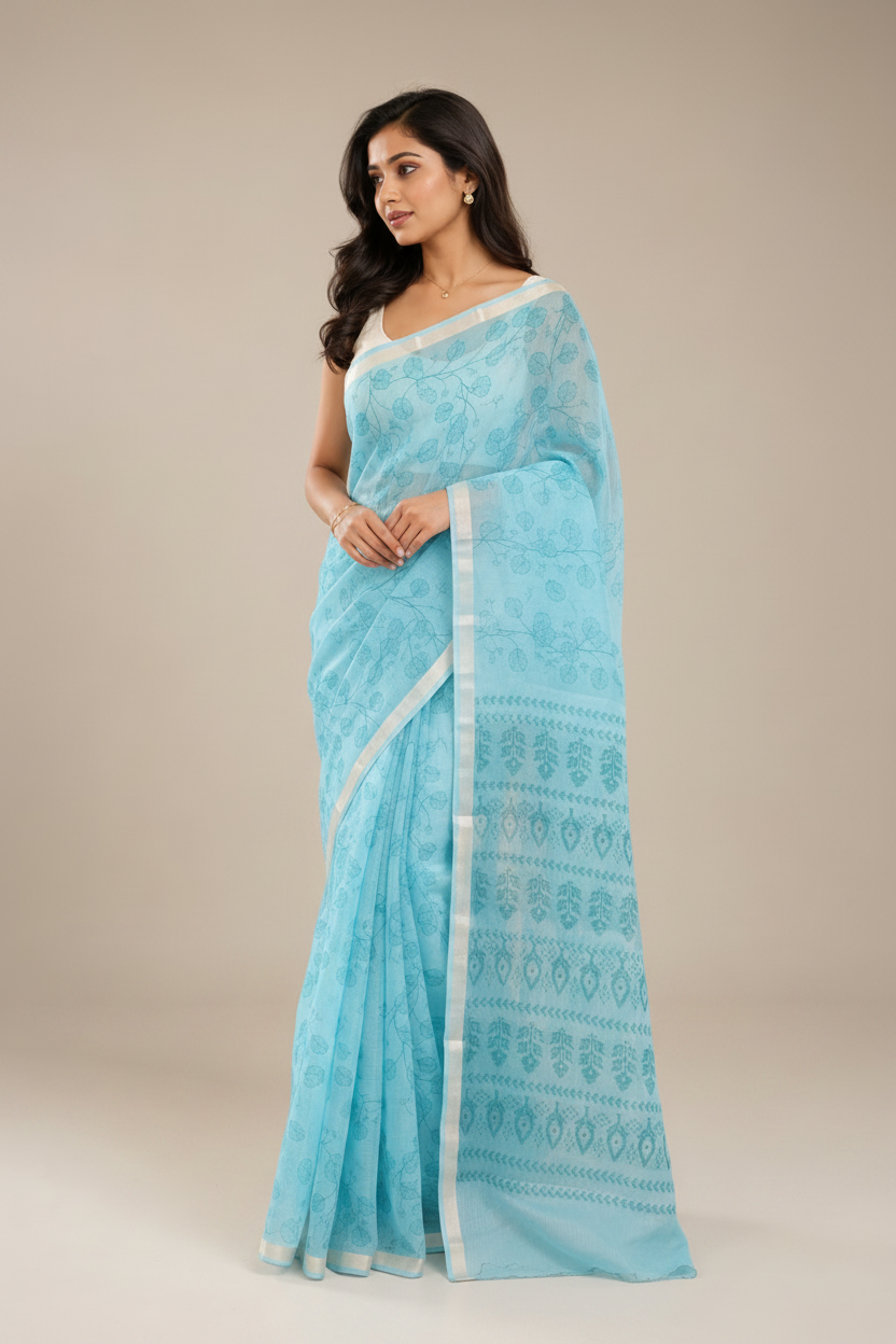 A woman modeling a light blue saree with white border details and a matching white blouse, standing against a solid beige studio background.