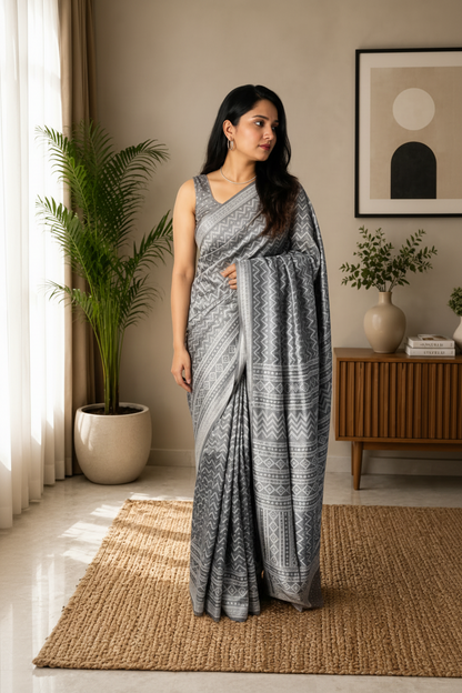 Woman in a grey saree standing in a room with plants and a wooden cabinet.