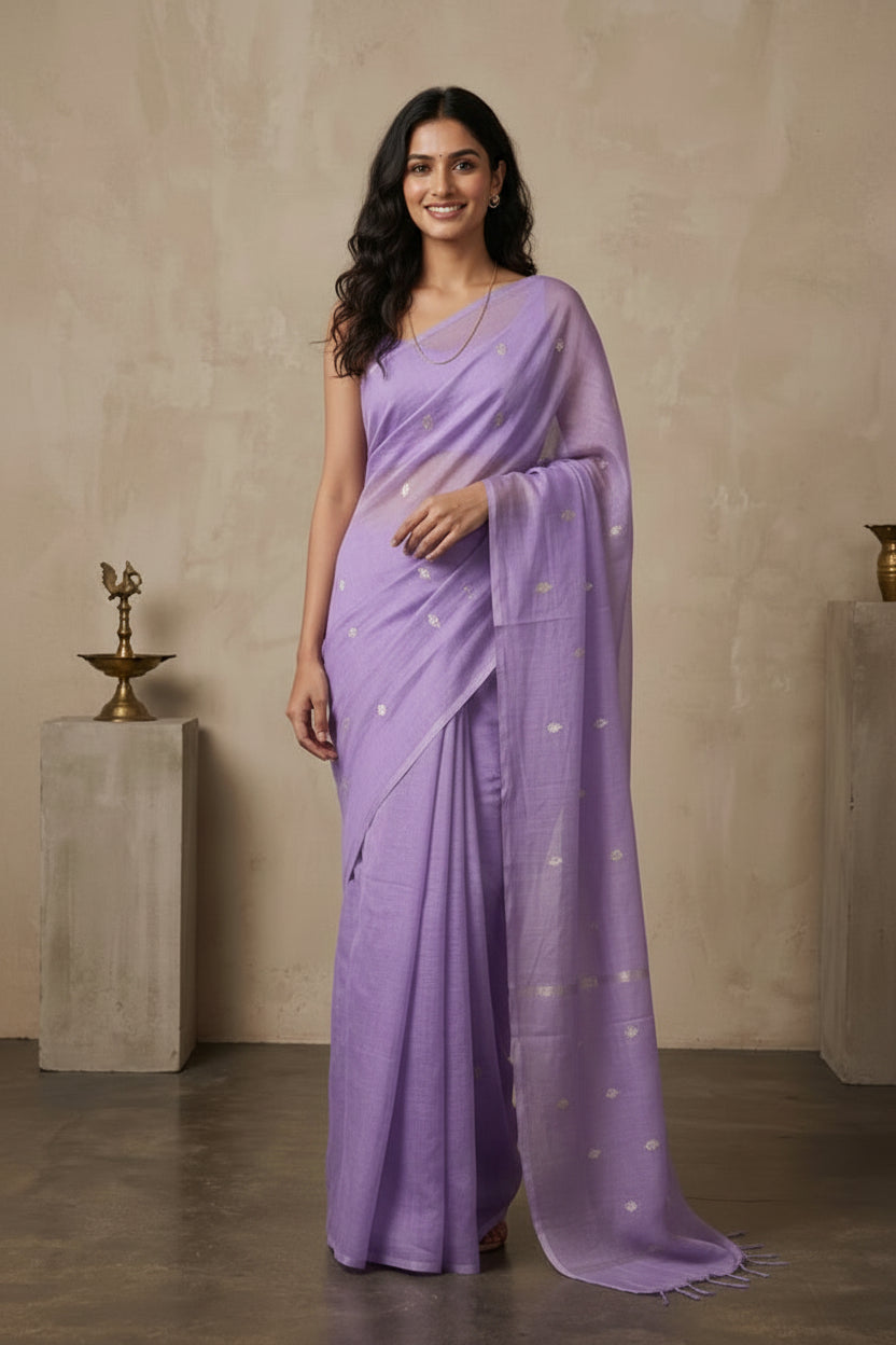 Woman wearing a lavender saree with a plain background