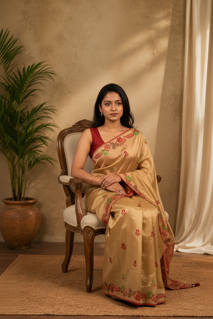 Woman in a beige saree with floral patterns sitting on a chair in a warm-toned room.
