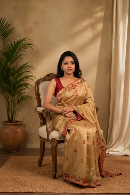 Woman in a beige saree with floral patterns sitting on a chair in a warm-toned room.