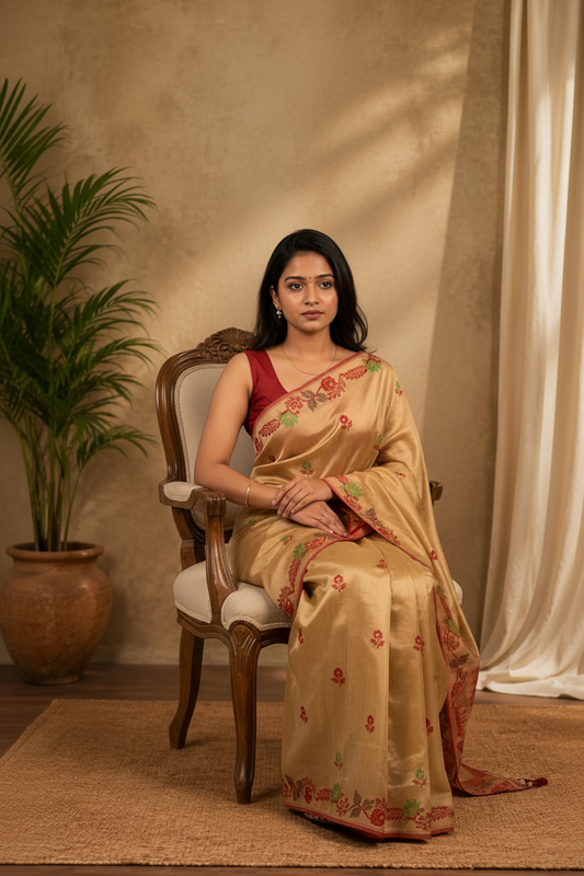 Woman in a beige saree with floral patterns sitting on a chair in a warm-toned room.