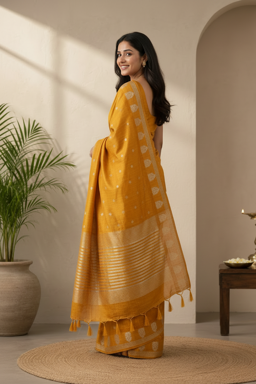 Woman in a mustard yellow saree standing in a well-lit room with a plant and small table in the background.