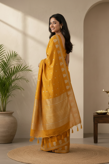 Woman in a mustard yellow saree standing in a well-lit room with a plant and small table in the background.