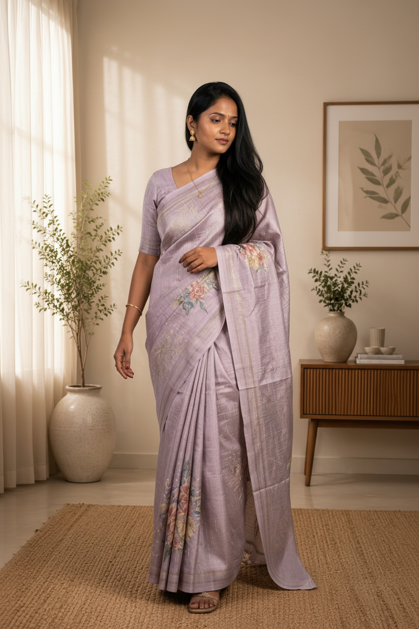 Woman in a light purple saree with floral patterns standing in a room with decorative elements.