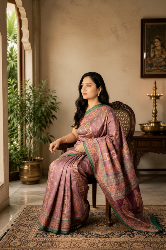 Woman in a traditional saree sitting in an elegant room with decor elements.