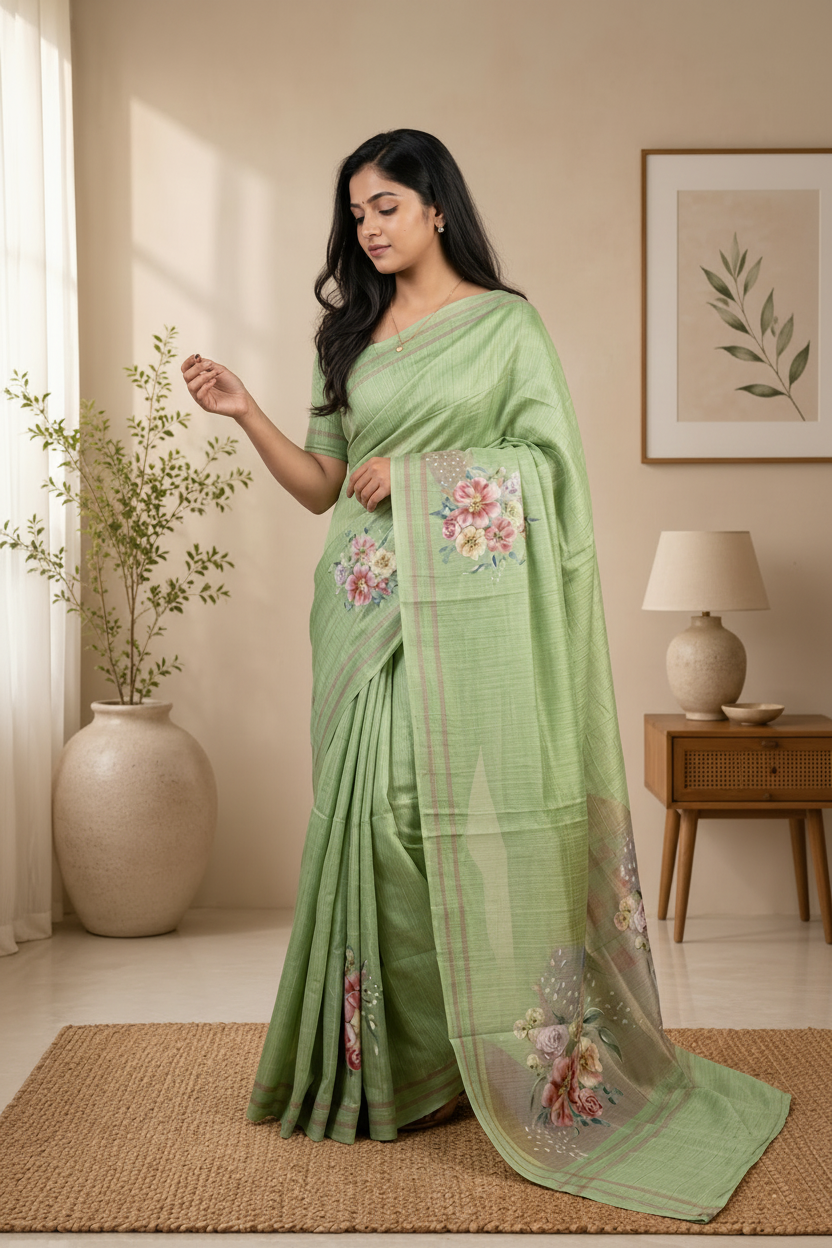 Woman wearing a light green saree with floral patterns in a room.