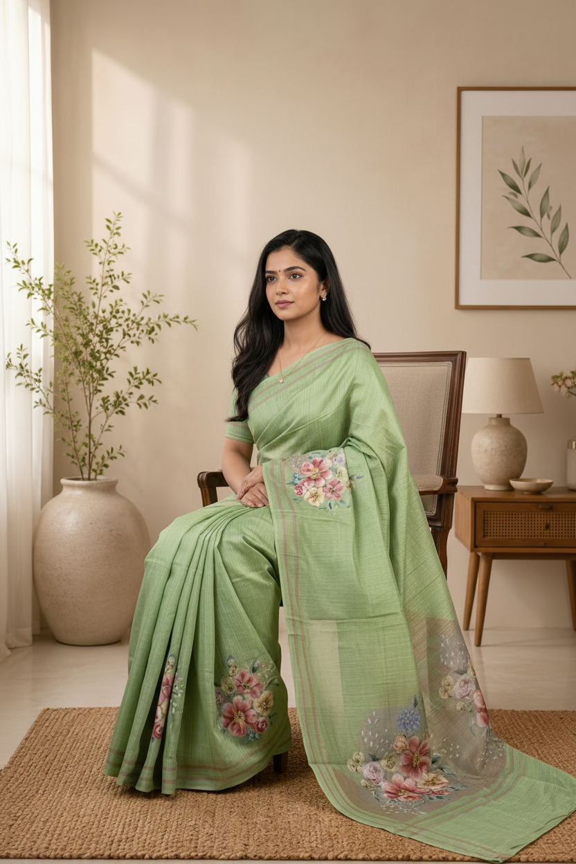 Woman in a light green saree with floral patterns sitting in a room.