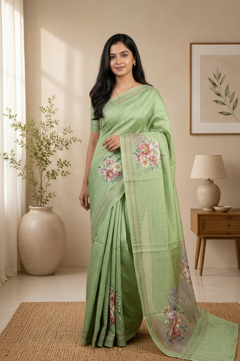 Woman wearing a light green saree with floral patterns in a room with a lamp and plant.