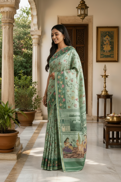 Woman wearing a green saree with a scenic design in an outdoor setting.