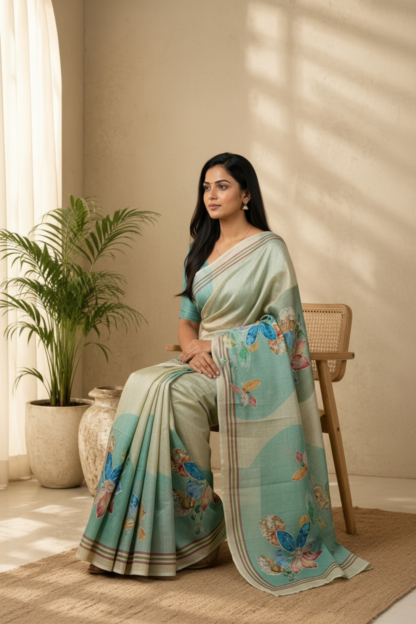 Woman in a light blue saree with floral patterns sitting indoors.