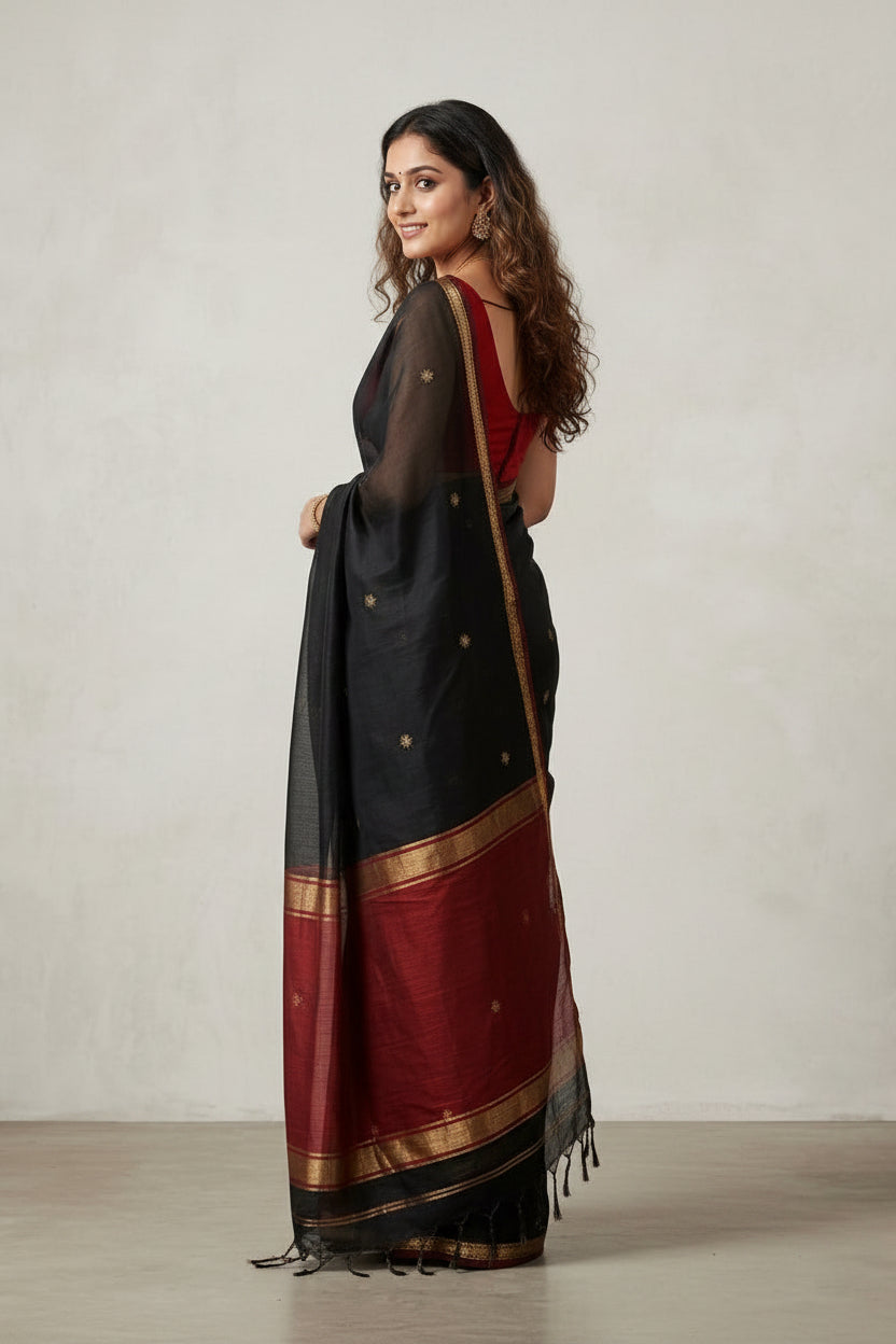 Woman wearing a black saree with gold and red accents on a plain background