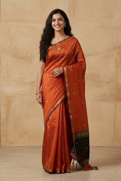 Woman wearing a traditional orange saree with a beige background