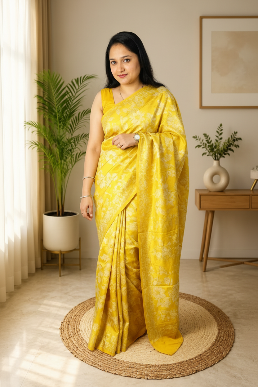 Woman in a yellow saree standing in a room with plants and a table.