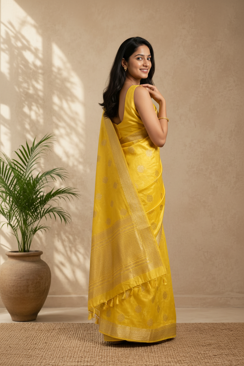 Woman in a yellow saree standing against a beige wall with a plant to her left.