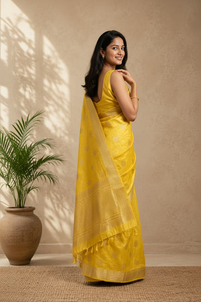 Woman in a yellow saree standing against a beige wall with a plant to her left.