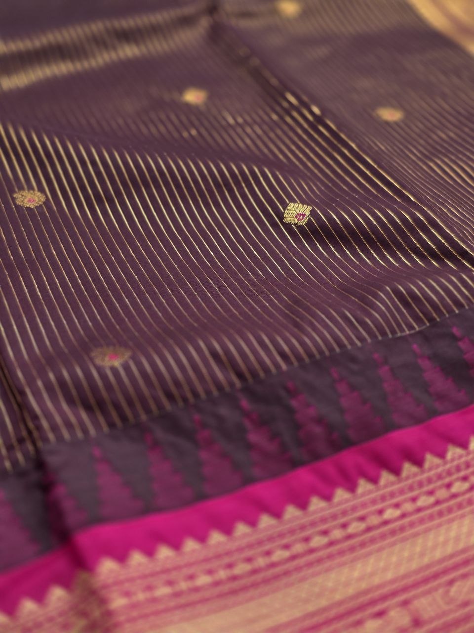 Temple Charm Premium Semi Gadwal Saree – Deep Snuff Brown & Pink
