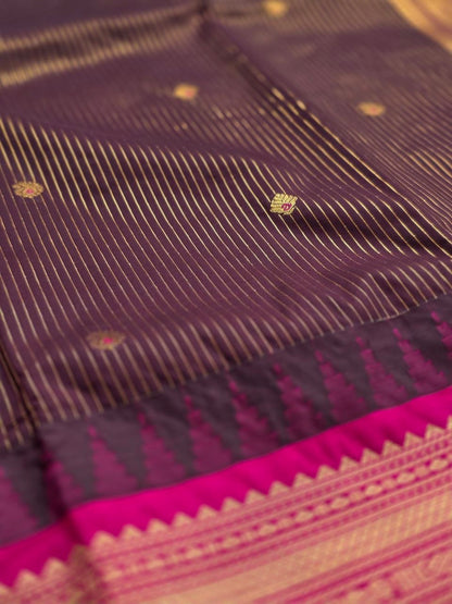 Temple Charm Premium Semi Gadwal Saree – Deep Snuff Brown & Pink