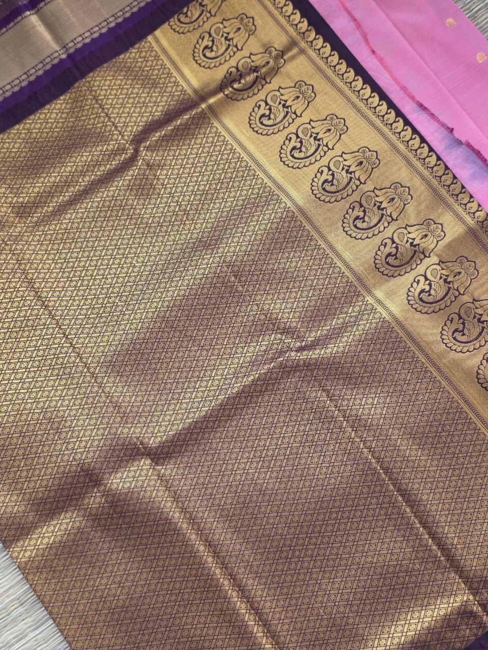 Temple Elegance Premium Semi Gadwal Saree – Salmon Pink & Deep Plum Purple