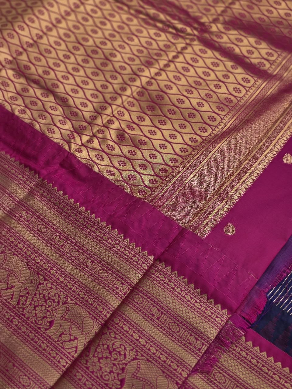 Temple Grace Premium Semi Gadwal Saree – Navy Blue & Rani Pink