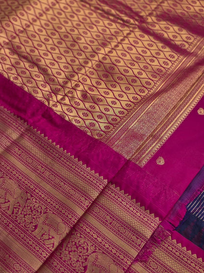 Temple Grace Premium Semi Gadwal Saree – Navy Blue & Rani Pink