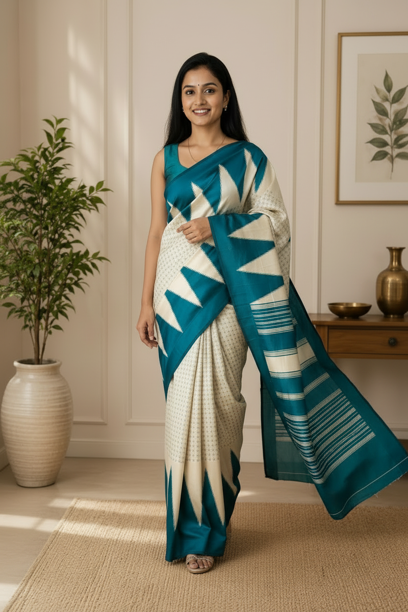 Woman in a blue and white saree standing in a room with a plant and decorative items.