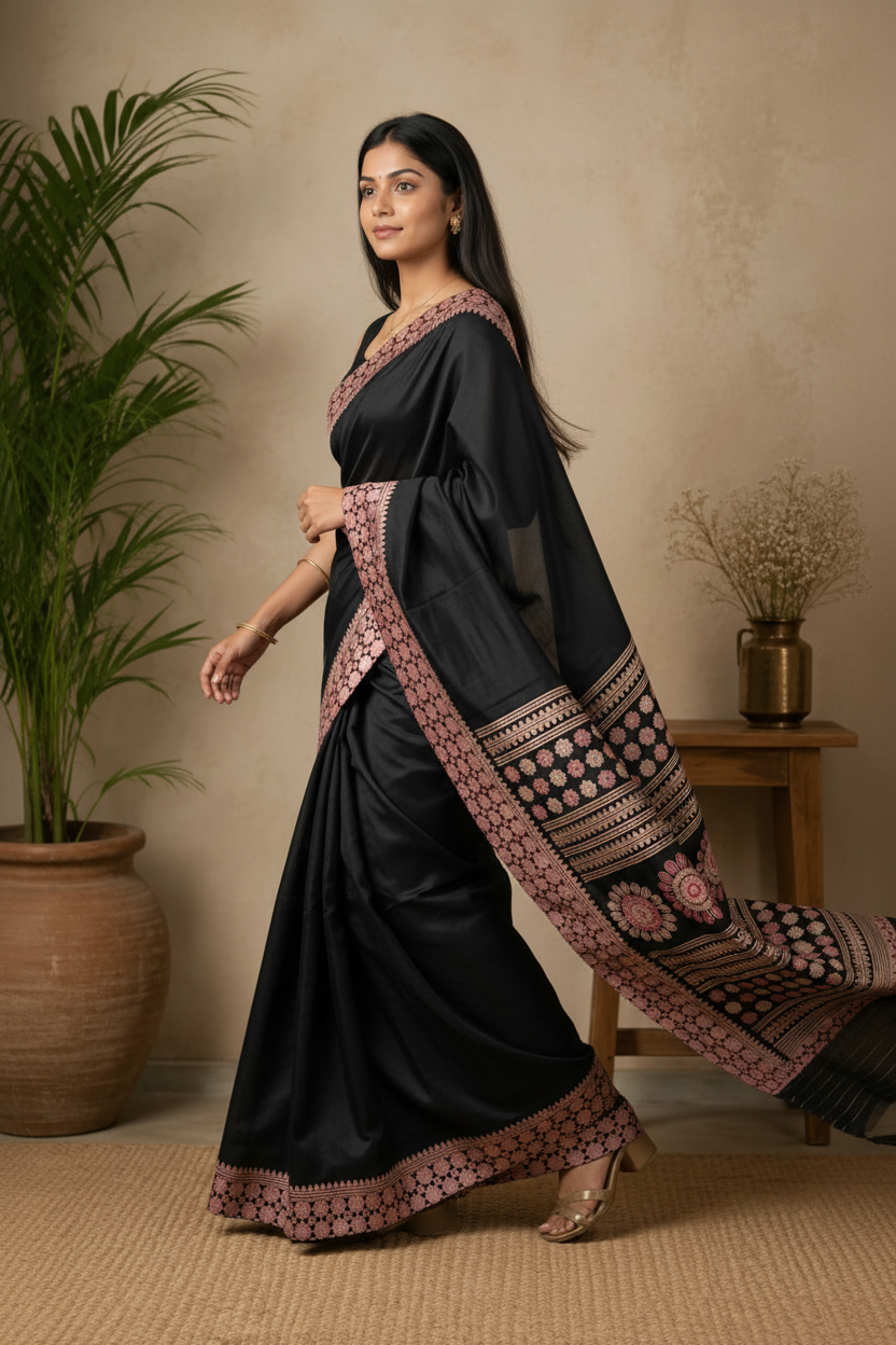 Woman wearing a black saree with pink patterns in a room with plants and a table.