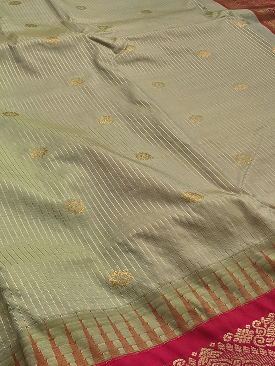 Timeless Grace Premium Semi Gadwal Saree – Olive Green & Red